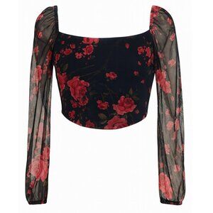 Black & Red Floral Mesh Corset-Back Crop Top – Romantic Sheer Long Sleeve Blouse